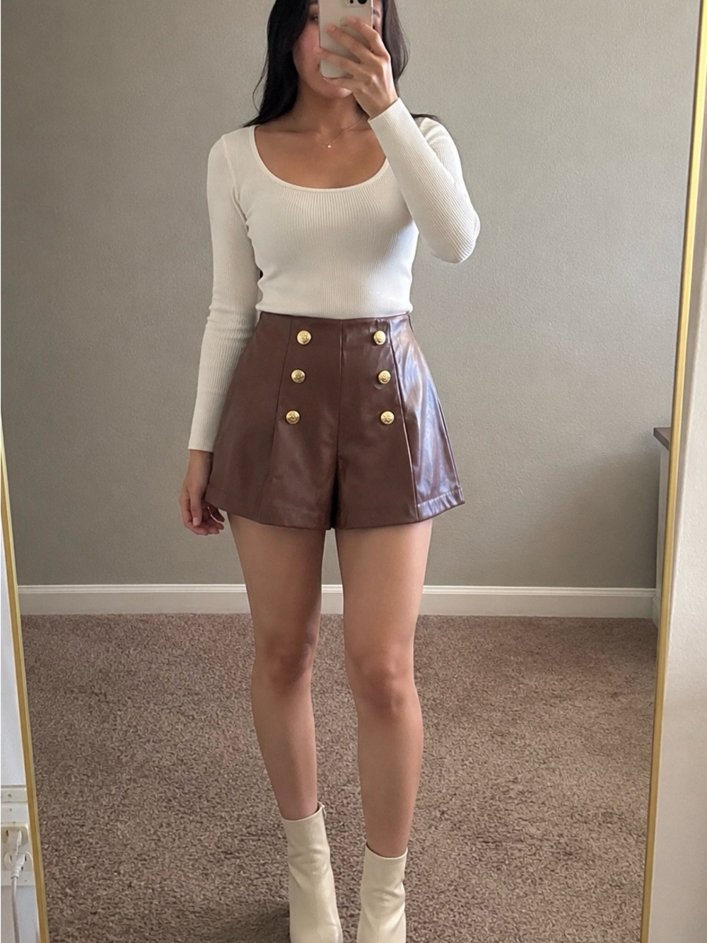 Ci Sono High-Waist Brown Faux Leather Shorts with Gold Buttons